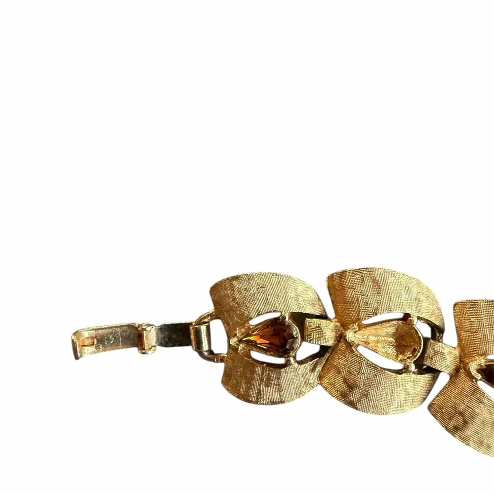 1950s/60s Karu Arke Inc. Gold-Tone Metal Domed Link Bracelet w/Brown Stones & Fo